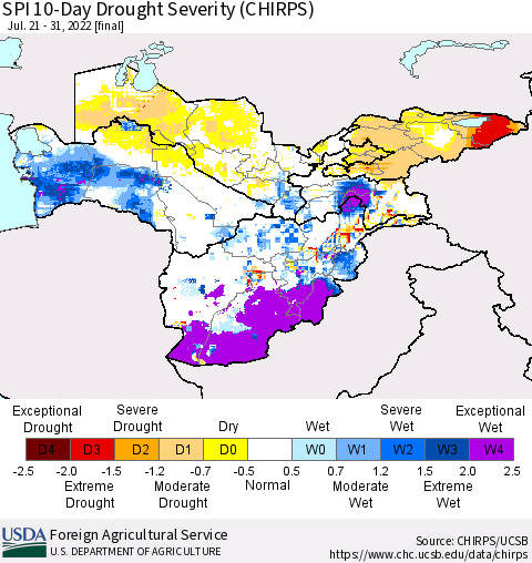 Central Asia SPI 10-Day Drought Severity (CHIRPS) Thematic Map For 7/21/2022 - 7/31/2022
