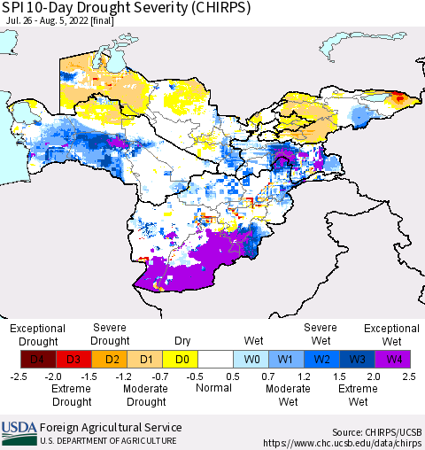 Central Asia SPI 10-Day Drought Severity (CHIRPS) Thematic Map For 7/26/2022 - 8/5/2022