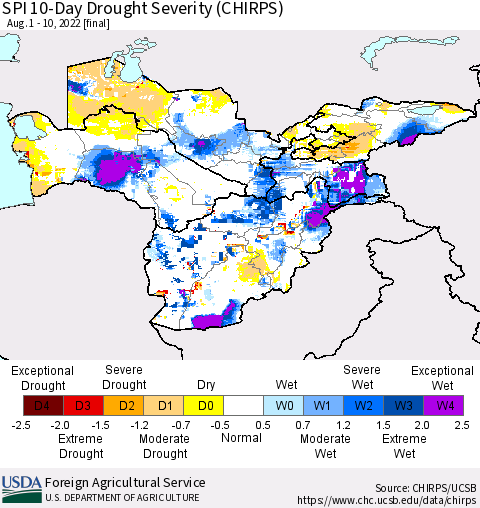Central Asia SPI 10-Day Drought Severity (CHIRPS) Thematic Map For 8/1/2022 - 8/10/2022