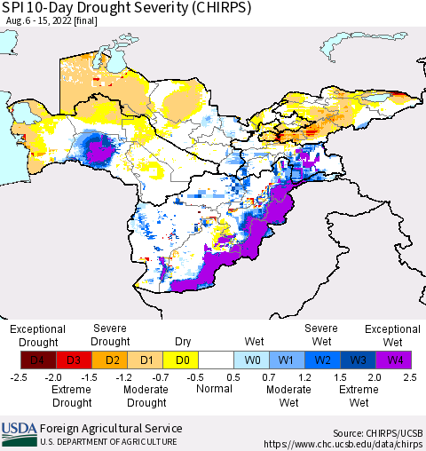 Central Asia SPI 10-Day Drought Severity (CHIRPS) Thematic Map For 8/6/2022 - 8/15/2022