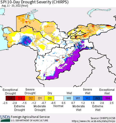 Central Asia SPI 10-Day Drought Severity (CHIRPS) Thematic Map For 8/11/2022 - 8/20/2022