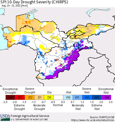 Central Asia SPI 10-Day Drought Severity (CHIRPS) Thematic Map For 8/16/2022 - 8/25/2022