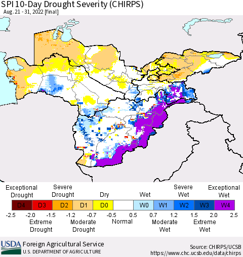 Central Asia SPI 10-Day Drought Severity (CHIRPS) Thematic Map For 8/21/2022 - 8/31/2022