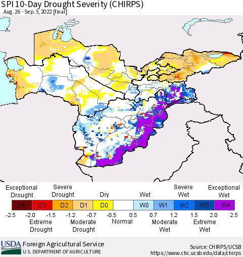 Central Asia SPI 10-Day Drought Severity (CHIRPS) Thematic Map For 8/26/2022 - 9/5/2022