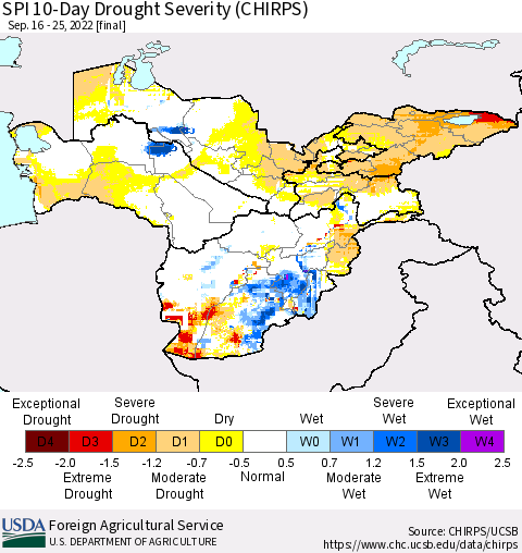 Central Asia SPI 10-Day Drought Severity (CHIRPS) Thematic Map For 9/16/2022 - 9/25/2022