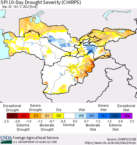 Central Asia SPI 10-Day Drought Severity (CHIRPS) Thematic Map For 9/26/2022 - 10/5/2022