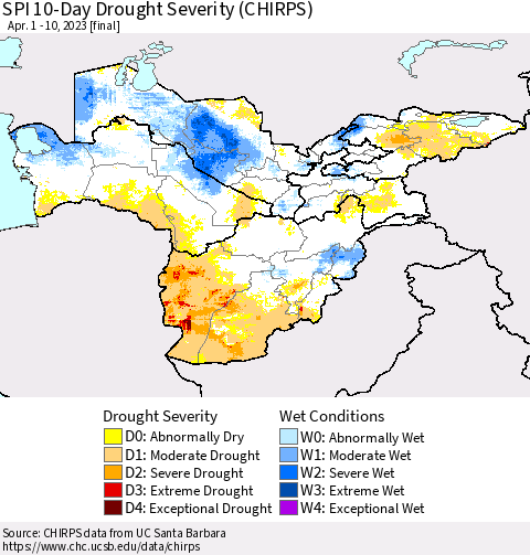 Central Asia SPI 10-Day Drought Severity (CHIRPS) Thematic Map For 4/1/2023 - 4/10/2023
