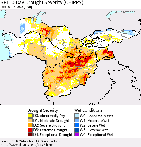 Central Asia SPI 10-Day Drought Severity (CHIRPS) Thematic Map For 4/6/2023 - 4/15/2023