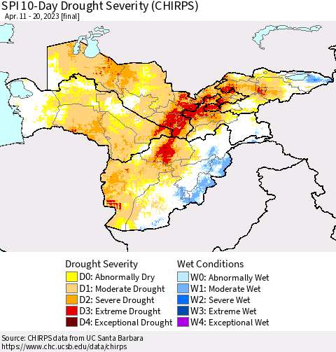 Central Asia SPI 10-Day Drought Severity (CHIRPS) Thematic Map For 4/11/2023 - 4/20/2023