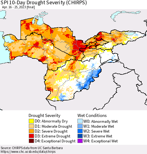 Central Asia SPI 10-Day Drought Severity (CHIRPS) Thematic Map For 4/16/2023 - 4/25/2023