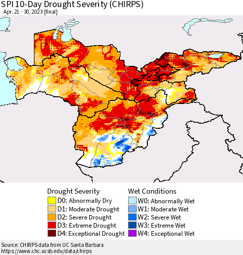 Central Asia SPI 10-Day Drought Severity (CHIRPS) Thematic Map For 4/21/2023 - 4/30/2023