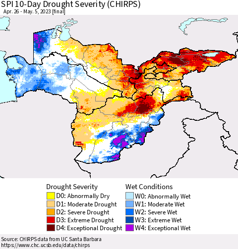 Central Asia SPI 10-Day Drought Severity (CHIRPS) Thematic Map For 4/26/2023 - 5/5/2023