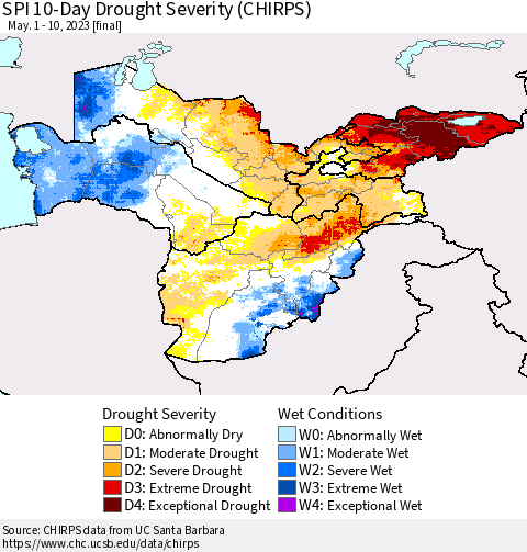 Central Asia SPI 10-Day Drought Severity (CHIRPS) Thematic Map For 5/1/2023 - 5/10/2023