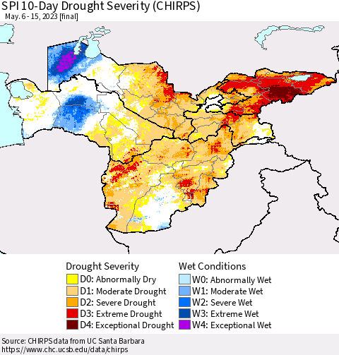 Central Asia SPI 10-Day Drought Severity (CHIRPS) Thematic Map For 5/6/2023 - 5/15/2023