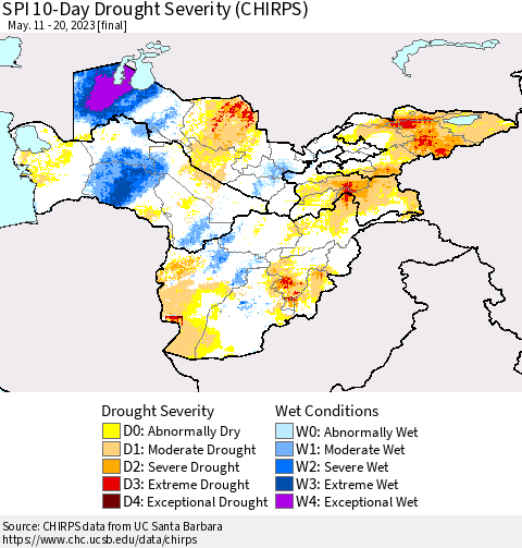 Central Asia SPI 10-Day Drought Severity (CHIRPS) Thematic Map For 5/11/2023 - 5/20/2023