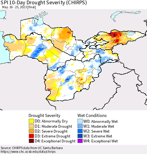 Central Asia SPI 10-Day Drought Severity (CHIRPS) Thematic Map For 5/16/2023 - 5/25/2023