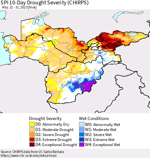 Central Asia SPI 10-Day Drought Severity (CHIRPS) Thematic Map For 5/21/2023 - 5/31/2023