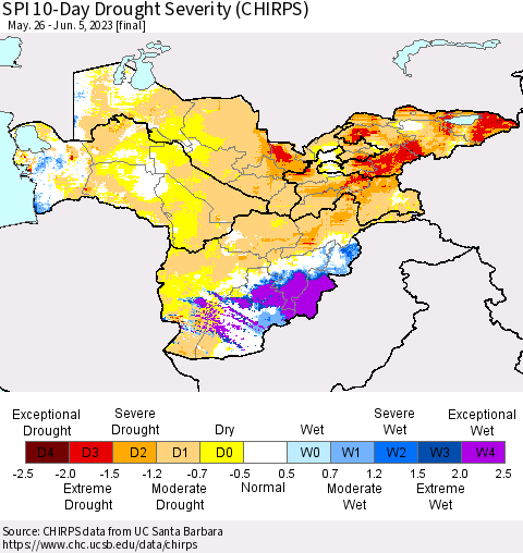 Central Asia SPI 10-Day Drought Severity (CHIRPS) Thematic Map For 5/26/2023 - 6/5/2023