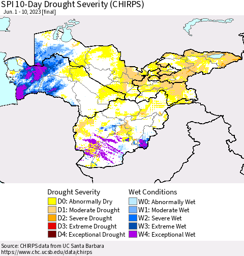 Central Asia SPI 10-Day Drought Severity (CHIRPS) Thematic Map For 6/1/2023 - 6/10/2023
