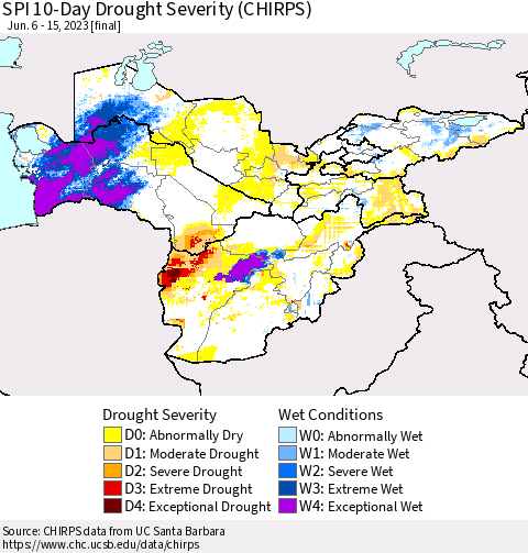 Central Asia SPI 10-Day Drought Severity (CHIRPS) Thematic Map For 6/6/2023 - 6/15/2023