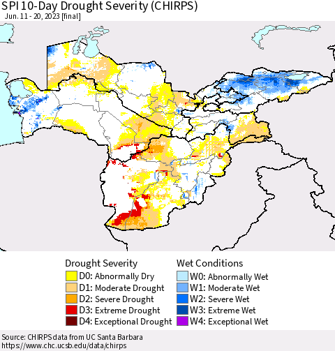 Central Asia SPI 10-Day Drought Severity (CHIRPS) Thematic Map For 6/11/2023 - 6/20/2023