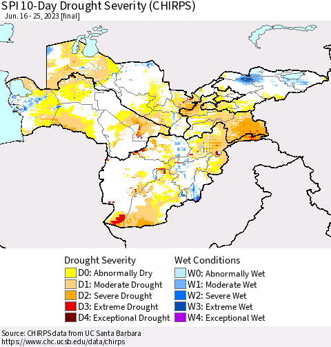 Central Asia SPI 10-Day Drought Severity (CHIRPS) Thematic Map For 6/16/2023 - 6/25/2023