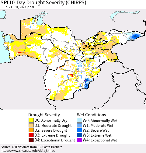 Central Asia SPI 10-Day Drought Severity (CHIRPS) Thematic Map For 6/21/2023 - 6/30/2023
