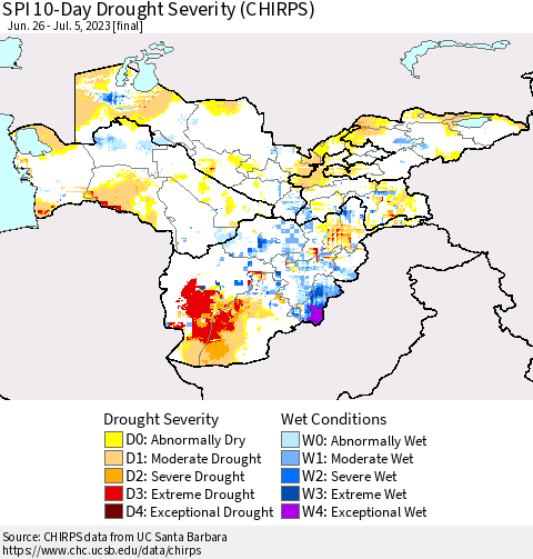 Central Asia SPI 10-Day Drought Severity (CHIRPS) Thematic Map For 6/26/2023 - 7/5/2023