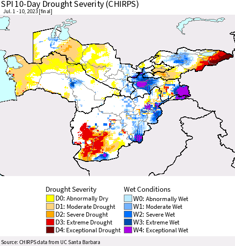 Central Asia SPI 10-Day Drought Severity (CHIRPS) Thematic Map For 7/1/2023 - 7/10/2023