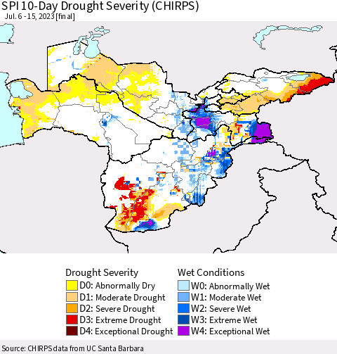 Central Asia SPI 10-Day Drought Severity (CHIRPS) Thematic Map For 7/6/2023 - 7/15/2023