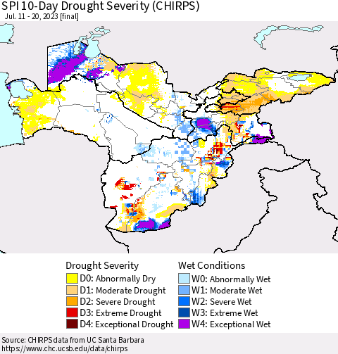 Central Asia SPI 10-Day Drought Severity (CHIRPS) Thematic Map For 7/11/2023 - 7/20/2023