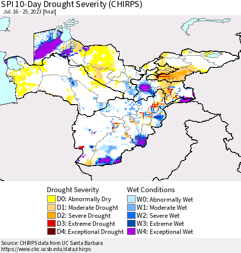Central Asia SPI 10-Day Drought Severity (CHIRPS) Thematic Map For 7/16/2023 - 7/25/2023