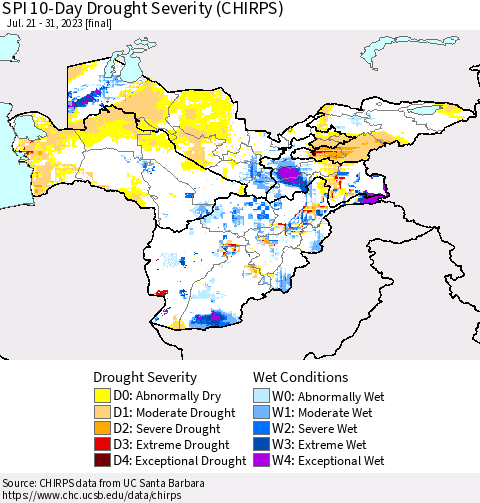 Central Asia SPI 10-Day Drought Severity (CHIRPS) Thematic Map For 7/21/2023 - 7/31/2023