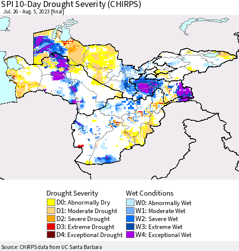 Central Asia SPI 10-Day Drought Severity (CHIRPS) Thematic Map For 7/26/2023 - 8/5/2023
