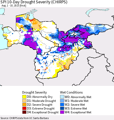 Central Asia SPI 10-Day Drought Severity (CHIRPS) Thematic Map For 8/1/2023 - 8/10/2023
