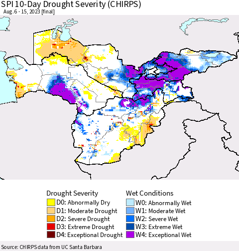 Central Asia SPI 10-Day Drought Severity (CHIRPS) Thematic Map For 8/6/2023 - 8/15/2023