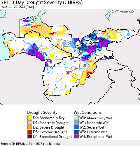 Central Asia SPI 10-Day Drought Severity (CHIRPS) Thematic Map For 8/11/2023 - 8/20/2023
