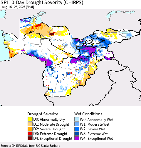 Central Asia SPI 10-Day Drought Severity (CHIRPS) Thematic Map For 8/16/2023 - 8/25/2023