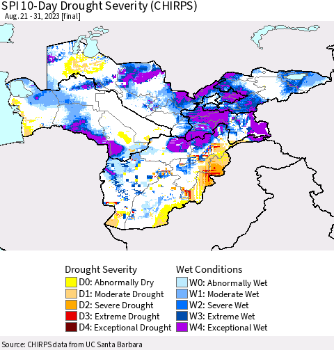 Central Asia SPI 10-Day Drought Severity (CHIRPS) Thematic Map For 8/21/2023 - 8/31/2023