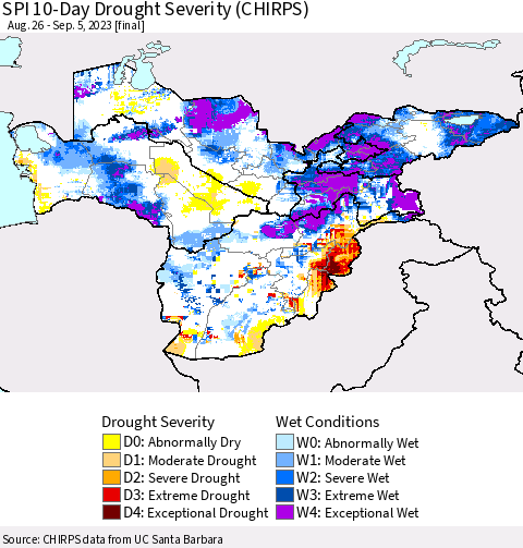 Central Asia SPI 10-Day Drought Severity (CHIRPS) Thematic Map For 8/26/2023 - 9/5/2023