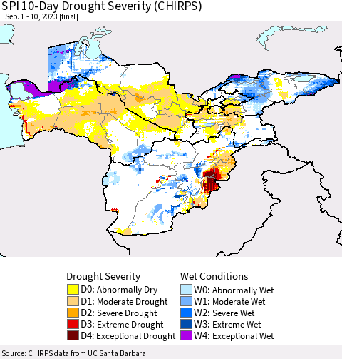 Central Asia SPI 10-Day Drought Severity (CHIRPS) Thematic Map For 9/1/2023 - 9/10/2023