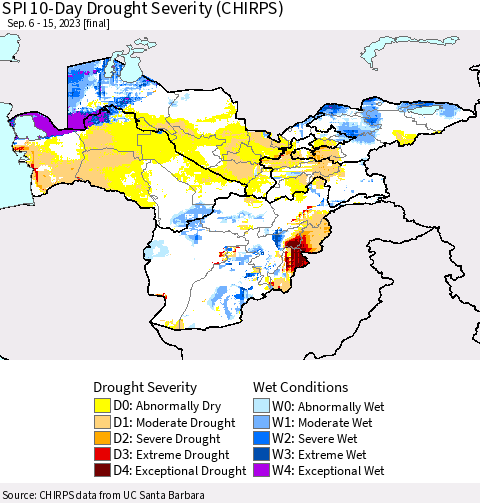 Central Asia SPI 10-Day Drought Severity (CHIRPS) Thematic Map For 9/6/2023 - 9/15/2023