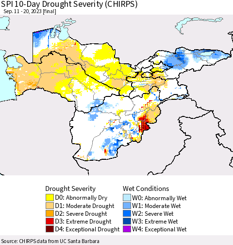 Central Asia SPI 10-Day Drought Severity (CHIRPS) Thematic Map For 9/11/2023 - 9/20/2023