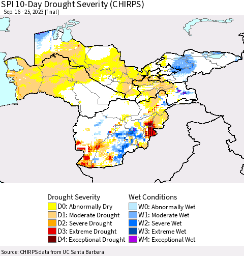 Central Asia SPI 10-Day Drought Severity (CHIRPS) Thematic Map For 9/16/2023 - 9/25/2023