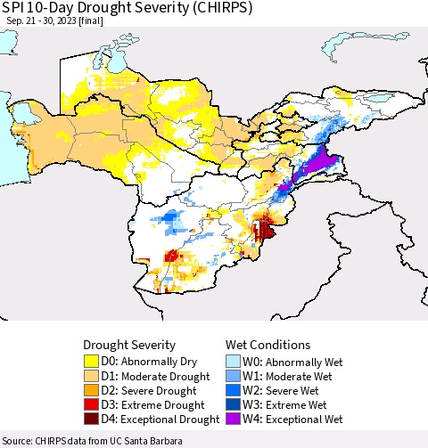 Central Asia SPI 10-Day Drought Severity (CHIRPS) Thematic Map For 9/21/2023 - 9/30/2023
