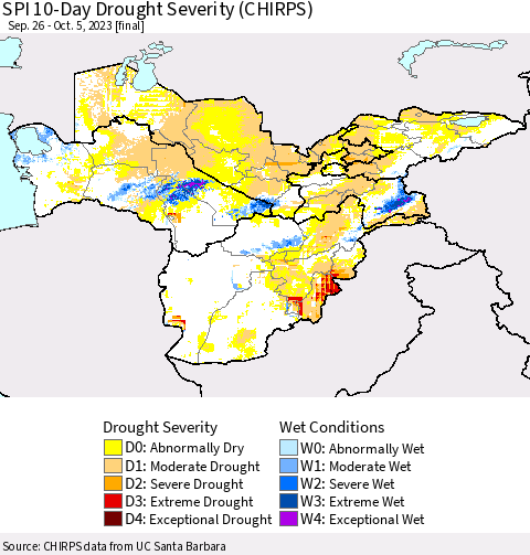 Central Asia SPI 10-Day Drought Severity (CHIRPS) Thematic Map For 9/26/2023 - 10/5/2023