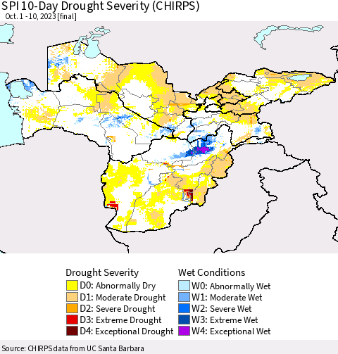 Central Asia SPI 10-Day Drought Severity (CHIRPS) Thematic Map For 10/1/2023 - 10/10/2023