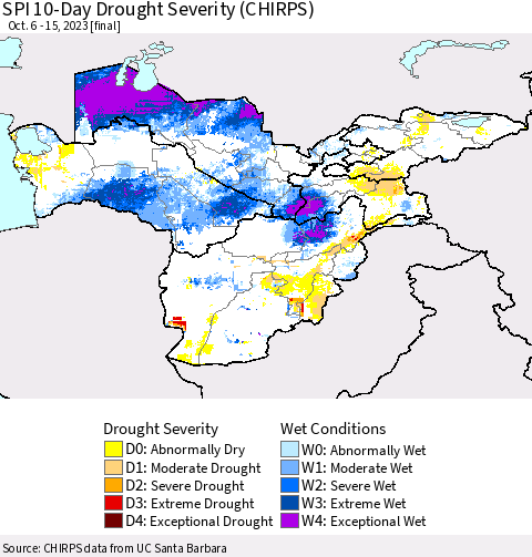Central Asia SPI 10-Day Drought Severity (CHIRPS) Thematic Map For 10/6/2023 - 10/15/2023