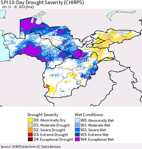 Central Asia SPI 10-Day Drought Severity (CHIRPS) Thematic Map For 10/11/2023 - 10/20/2023