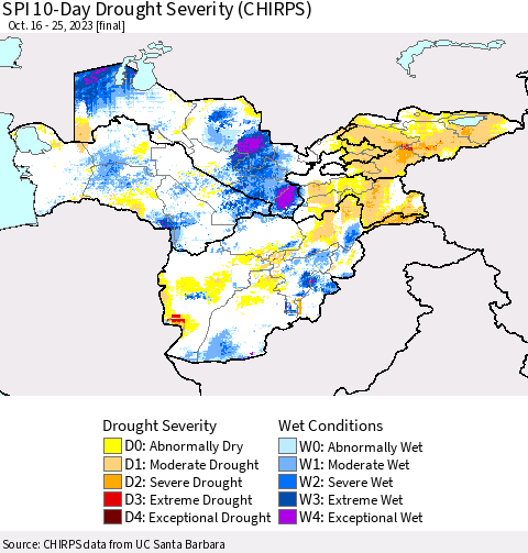 Central Asia SPI 10-Day Drought Severity (CHIRPS) Thematic Map For 10/16/2023 - 10/25/2023